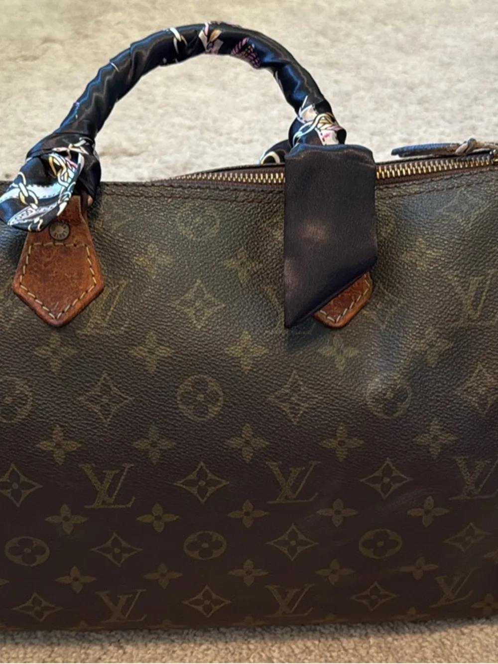 Louis Vuitton speedy 30 Monogram Tote with Black Scarf-Wrapped Handles